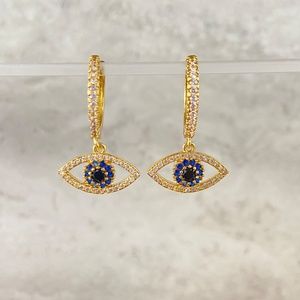 14k Plated Gold CZ Diamond Evil Eye Huggie Hoop Earrings - Protection Luck Love